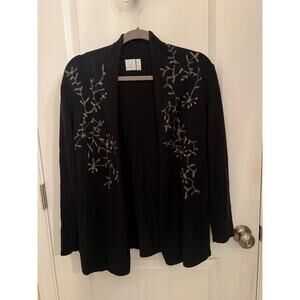J. Jill Women's Floral Black Cream Embroidered Cashmere blended S Open Cardigan